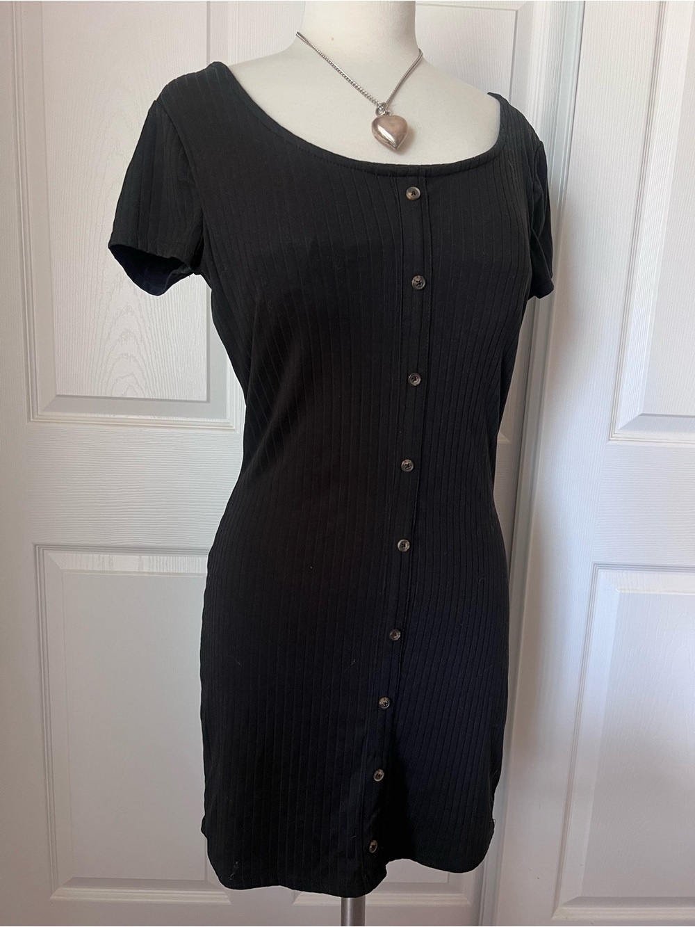 No Boundaries Black Ribbed Button-Front Mini Dress